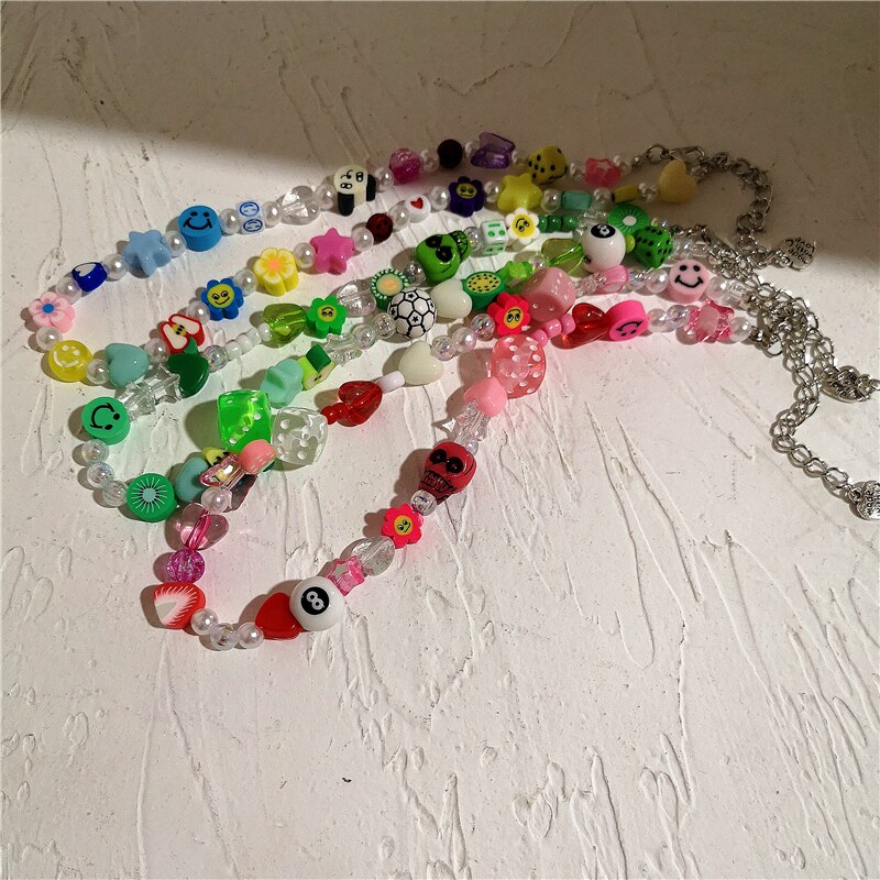 2021 Harajuku Fruit Smiley Beaded Necklace For Women Men Egirl Multicolor Pearl Choker INS Trendy Clay Fruit Bohemia Accessories