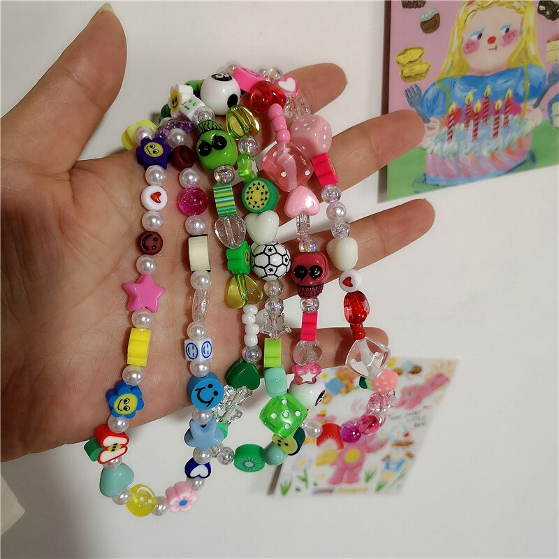 2021 Harajuku Fruit Smiley Beaded Necklace For Women Men Egirl Multicolor Pearl Choker INS Trendy Clay Fruit Bohemia Accessories