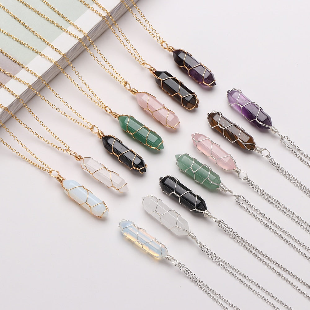 2022 Hexagonal Cylindrical Crystal Necklace Natural Stone Pendant Wire Wrap Stone Pendant Necklace Gift for Women Men Jewelry