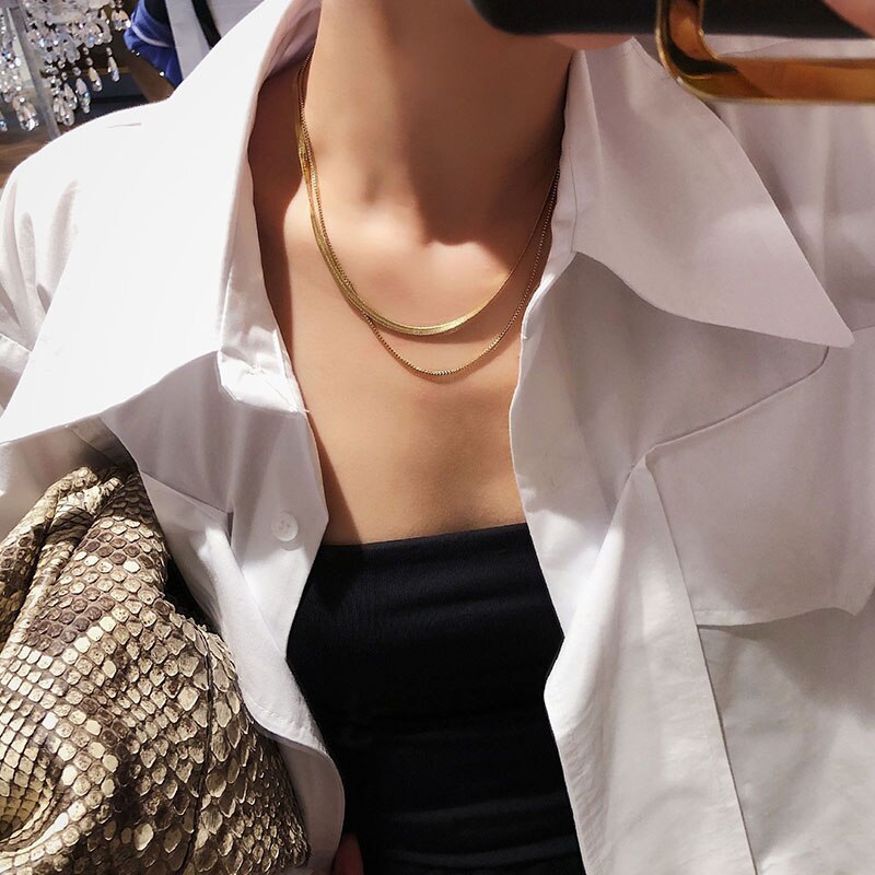 2021  Clavicle Blade Statement Women Gold Silver Color Blade Chain Choker Necklace Women Sexy Flat Snake Link Chain