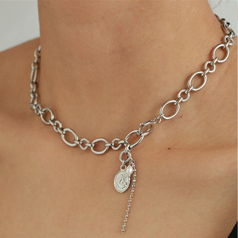 2021 Hip-hop Geometric Round Silver Color Hollow Chain Metal Necklace for Women Choker Temperament Jewelry Accessories