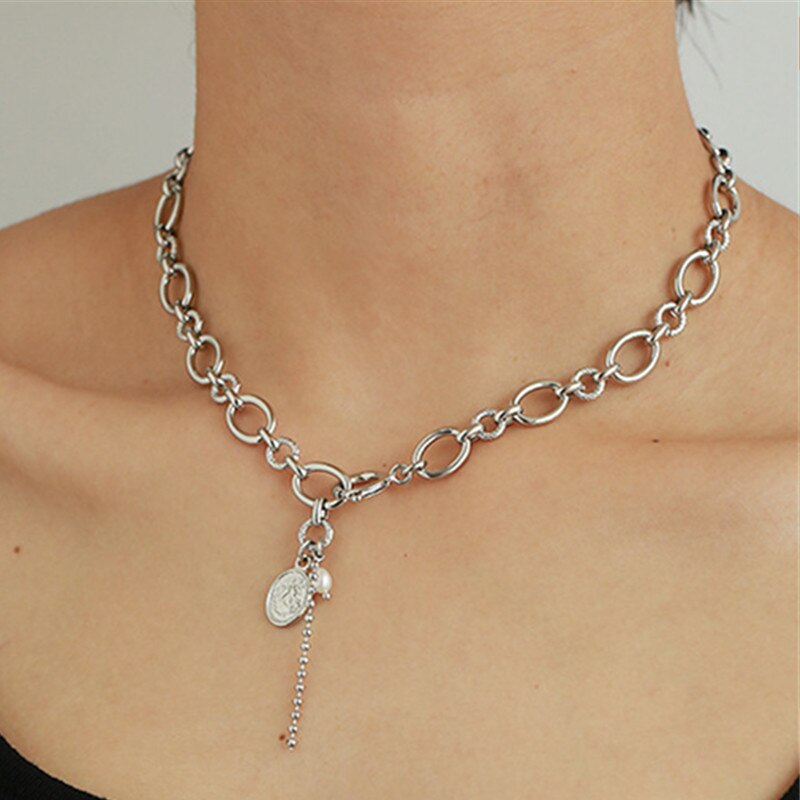 2021 Hip-hop Geometric Round Silver Color Hollow Chain Metal Necklace for Women Choker Temperament Jewelry Accessories