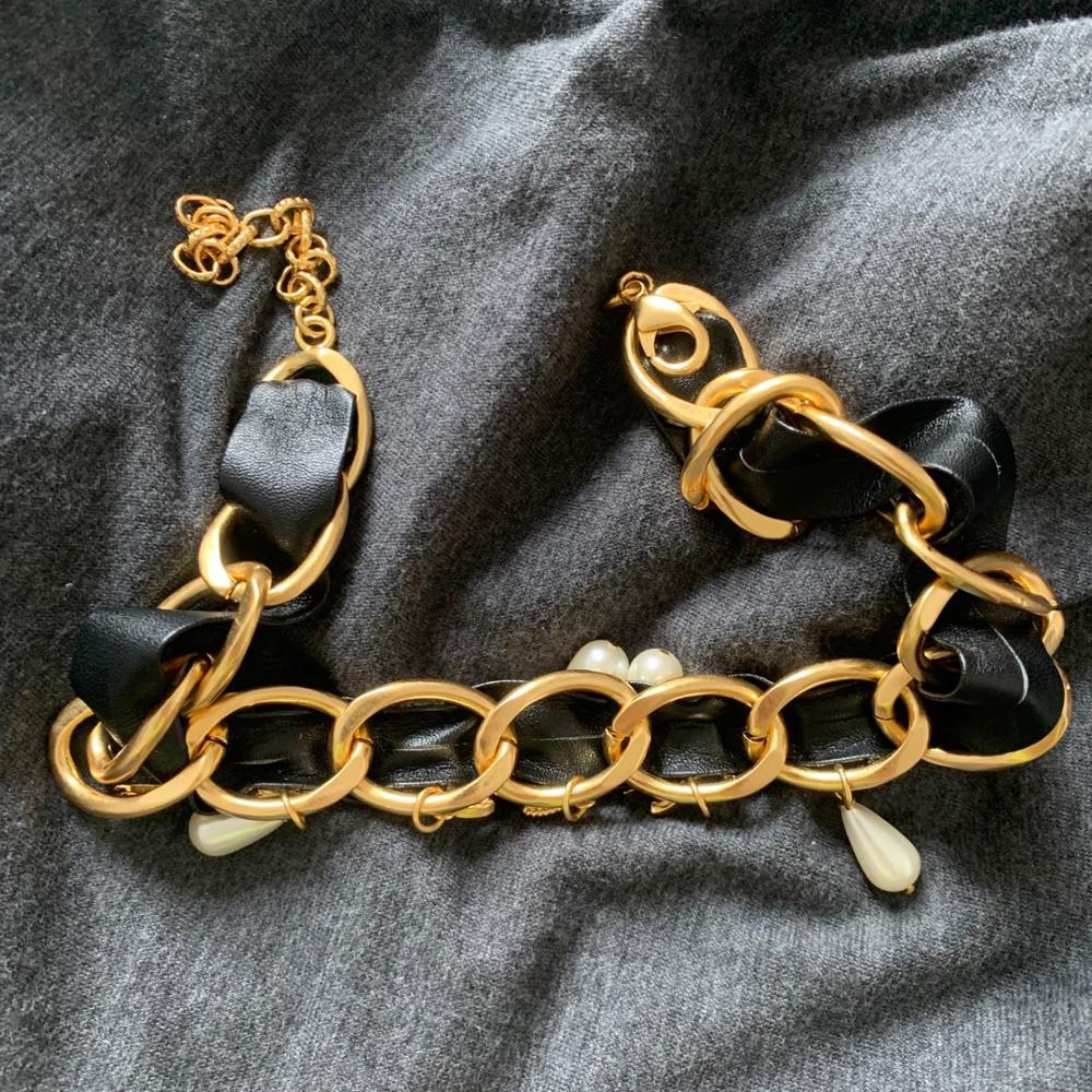 2021 Brand Jewelry Women Vintage Leather Link Thick Chain Necklace Party Fine Tassel Pearls Choker