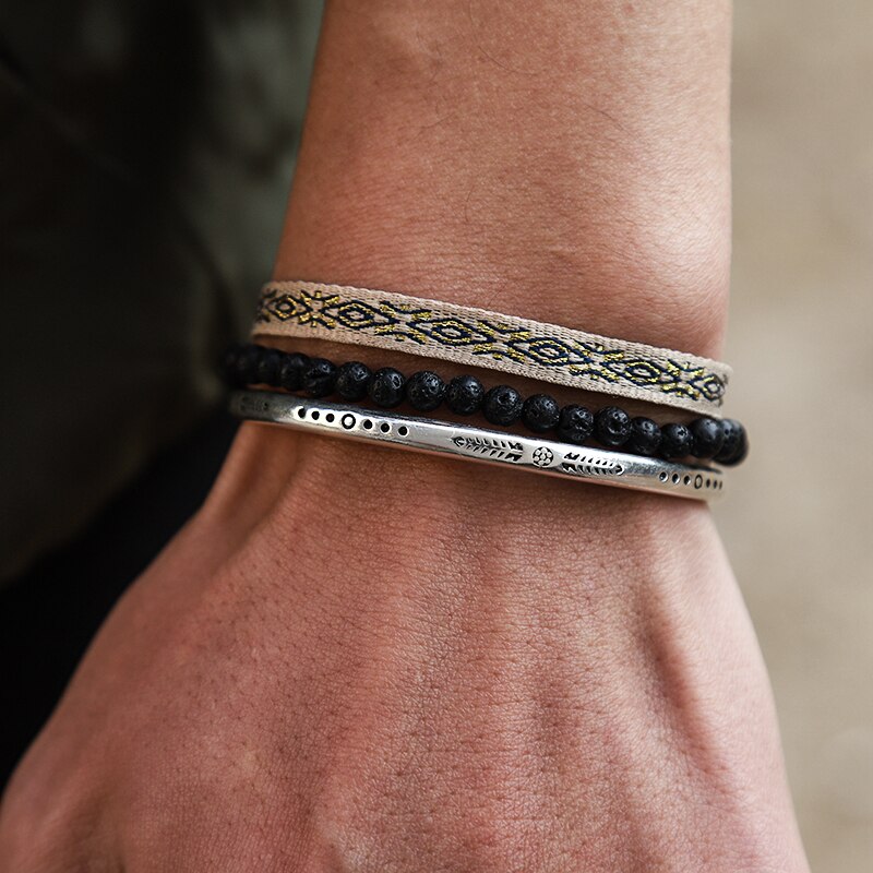 2021  Tibetan Buddha Handmade Knot Rope Set Natural Black Lava Stone Beads Simple Hand Carve Cuff Charm Bracelet For Men's