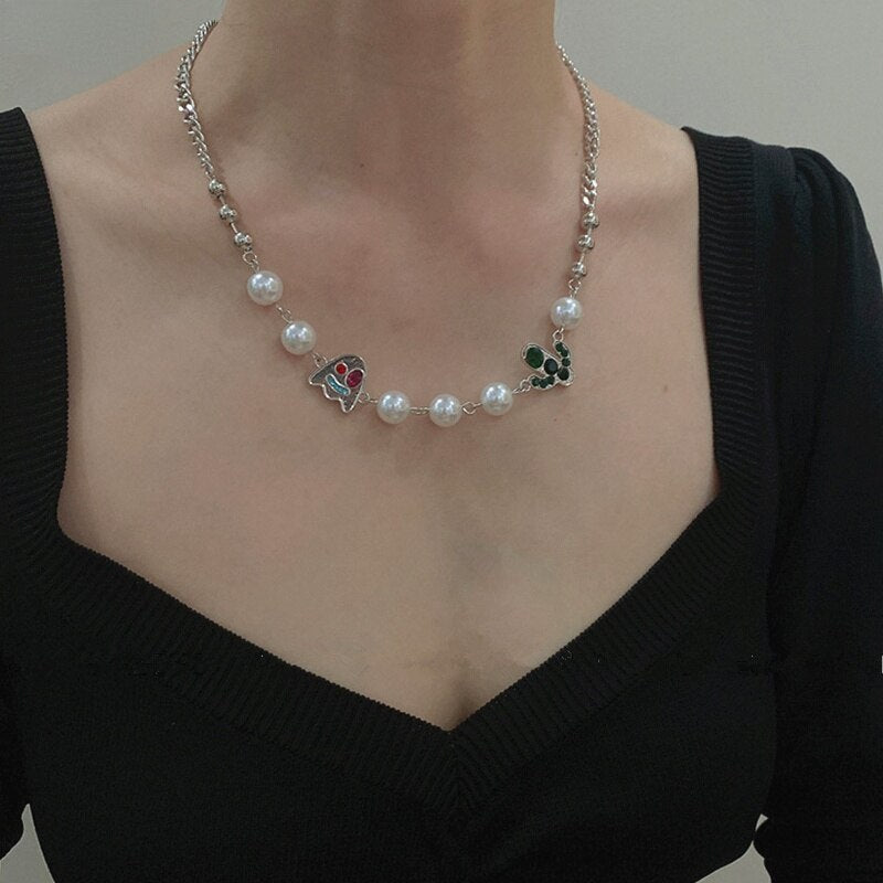 2021 INS Lovely Ghost Cactus Rhinestone Pearl Silver Color Link Chain Hip Hop Necklace Halloween Choker Party Jewelry