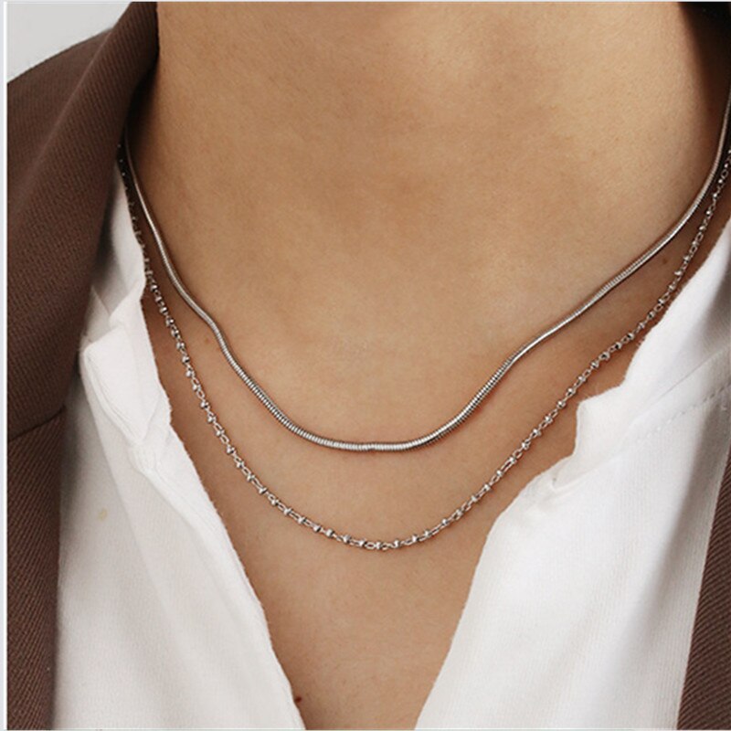2021 INS Simple Beaded Hip-hop Double Layer Snake Bone Gold Silver Color Metal Necklace for Women Girls Clavicle Chain Jewelry