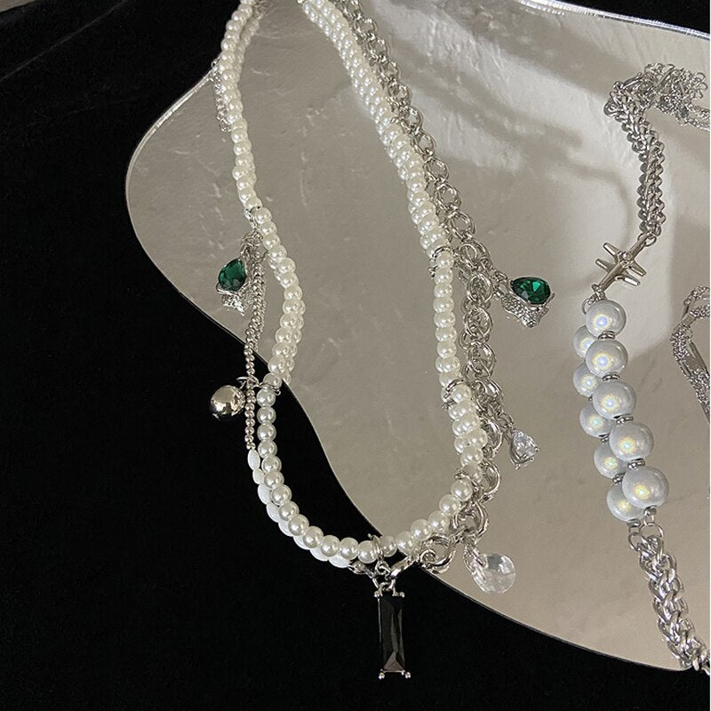 2021 Imitation Pearl Double-Layer Necklace For Women Green Waterdrop Crystal Pendent Splicing Clavicle Sweet Romantic Gift