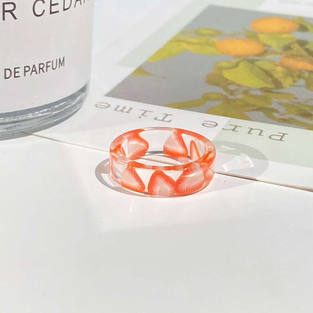 2021 Korea Colorful  Resin Fruit Ring Set Metal Geometric Irregular Open Rings for Women Party Wedding Jewelry Ring Set