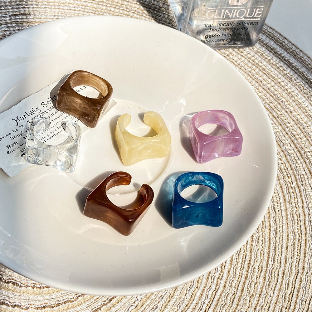 2021 Korea Colorful  Resin Fruit Ring Set Metal Geometric Irregular Open Rings for Women Party Wedding Jewelry Ring Set