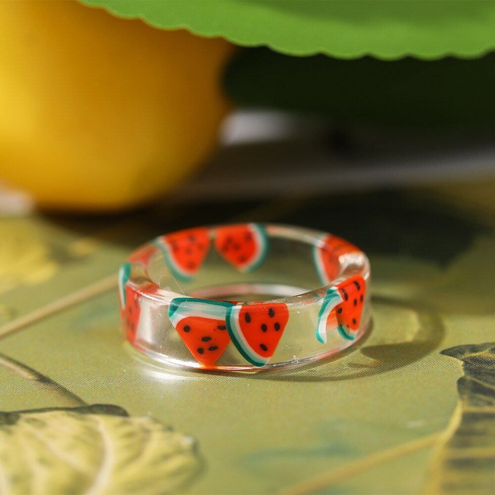 2021 Korea Colorful  Resin Fruit Ring Set Metal Geometric Irregular Open Rings for Women Party Wedding Jewelry Ring Set