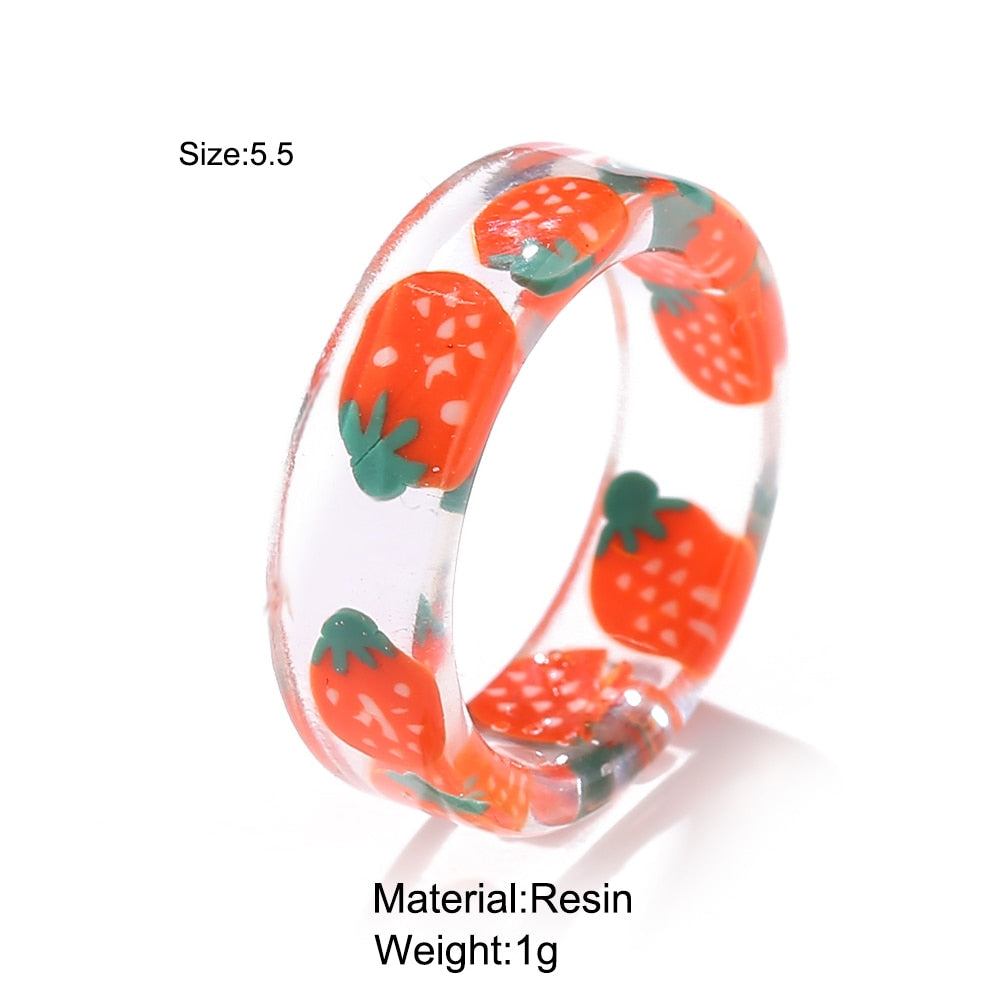 2021 Korea Colorful  Resin Fruit Ring Set Metal Geometric Irregular Open Rings for Women Party Wedding Jewelry Ring Set