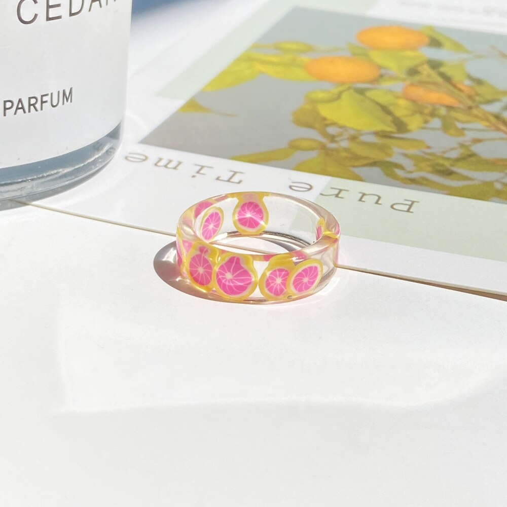 2021 Korea Colorful  Resin Fruit Ring Set Metal Geometric Irregular Open Rings for Women Party Wedding Jewelry Ring Set