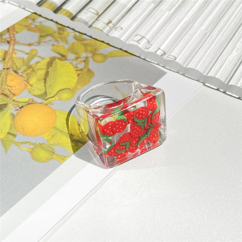 2021 Korea Colorful  Resin Fruit Ring Set Metal Geometric Irregular Open Rings for Women Party Wedding Jewelry Ring Set