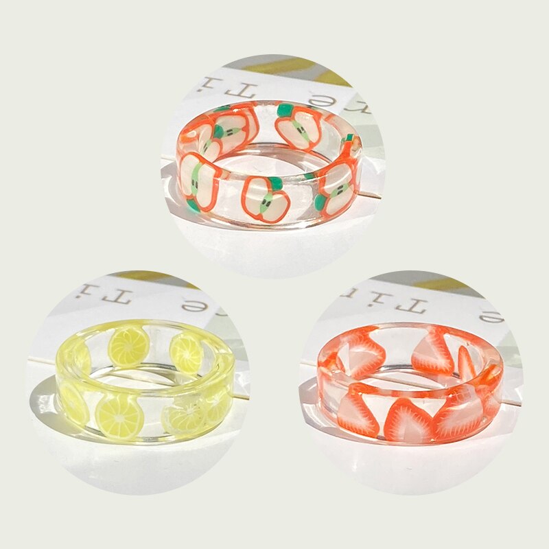 2021 Korea Colorful  Resin Fruit Ring Set Metal Geometric Irregular Open Rings for Women Party Wedding Jewelry Ring Set