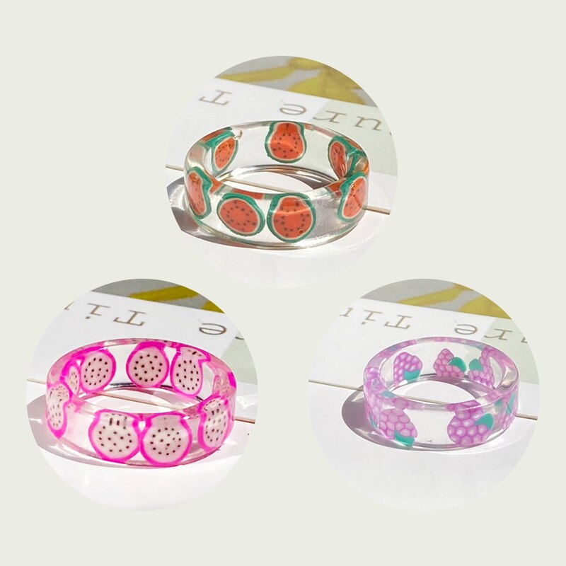 2021 Korea Colorful  Resin Fruit Ring Set Metal Geometric Irregular Open Rings for Women Party Wedding Jewelry Ring Set