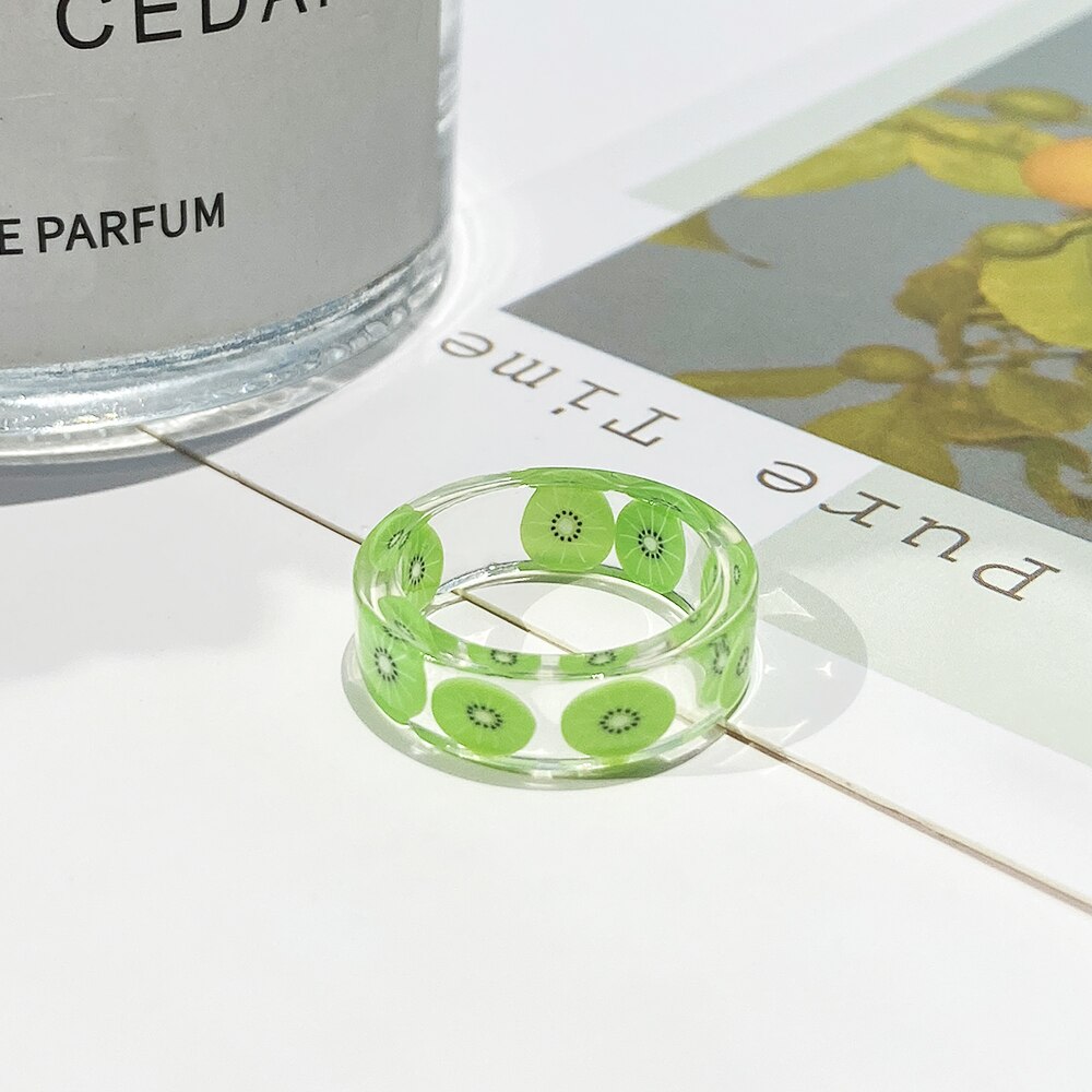 2021 Korea Colorful  Resin Fruit Ring Set Metal Geometric Irregular Open Rings for Women Party Wedding Jewelry Ring Set