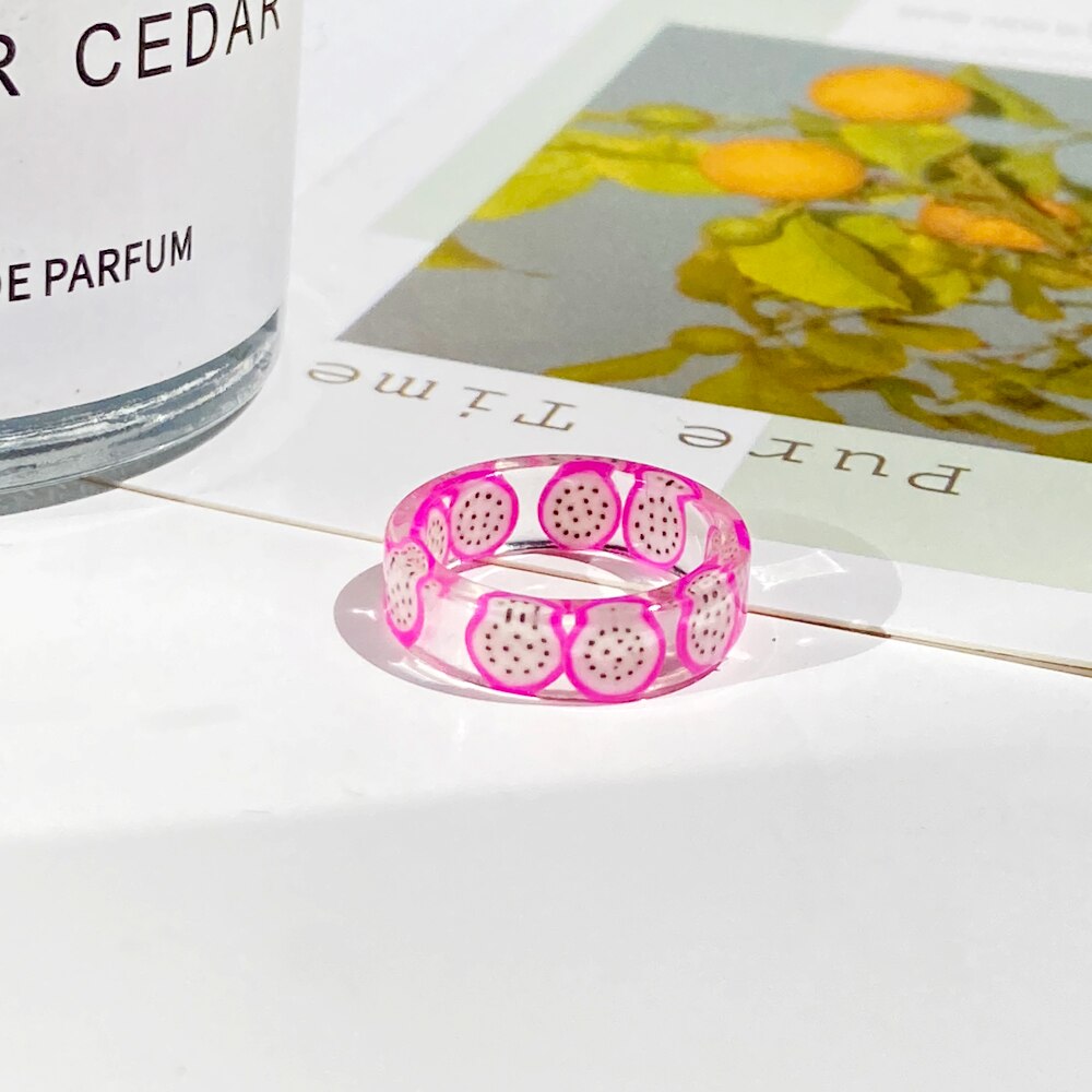2021 Korea Colorful  Resin Fruit Ring Set Metal Geometric Irregular Open Rings for Women Party Wedding Jewelry Ring Set