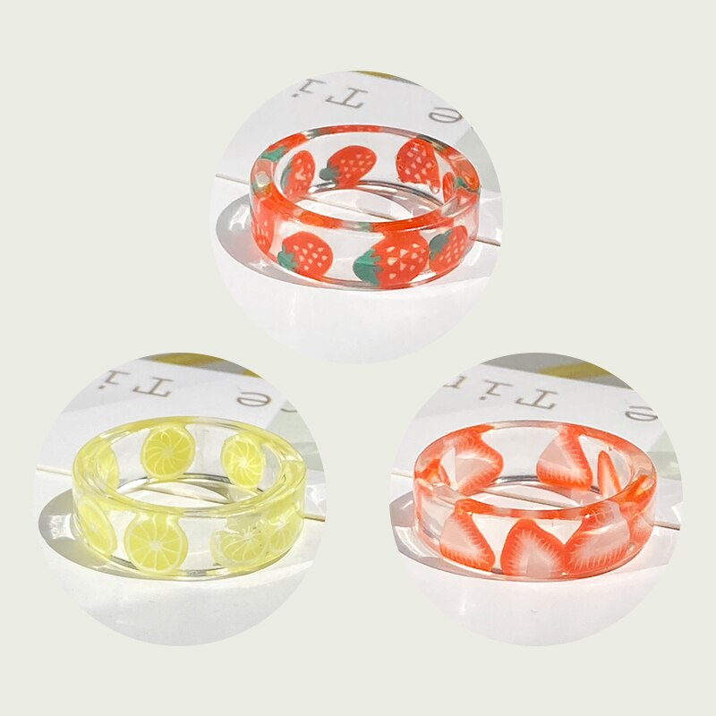 2021 Korea Colorful  Resin Fruit Ring Set Metal Geometric Irregular Open Rings for Women Party Wedding Jewelry Ring Set