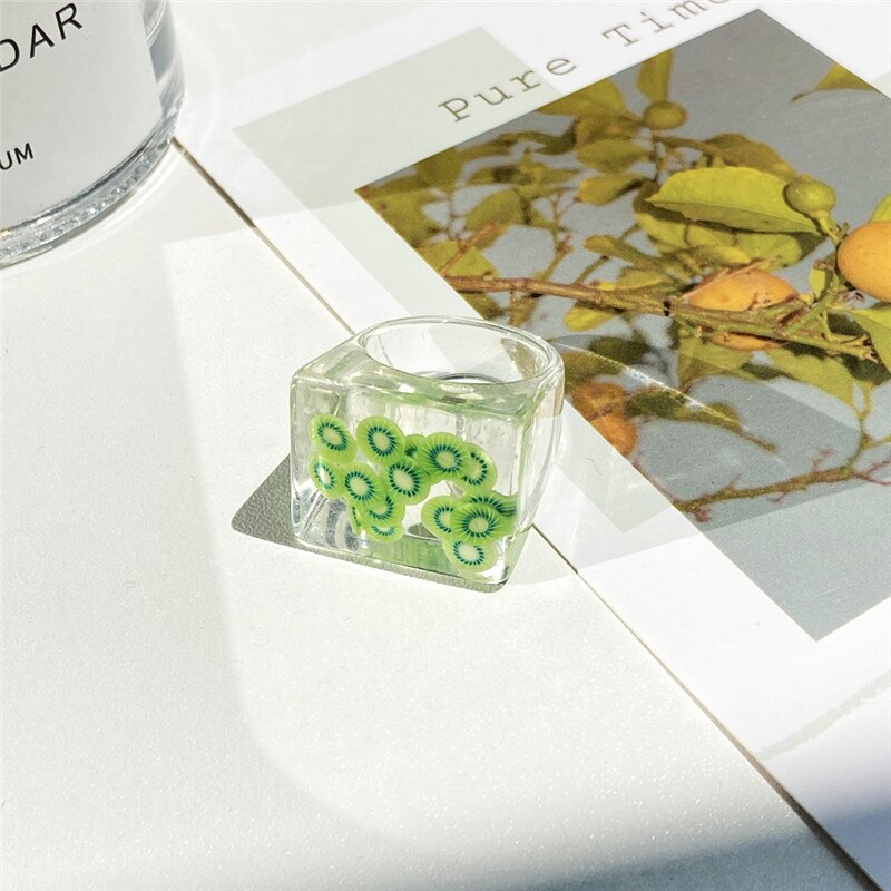 2021 Korea Colorful  Resin Fruit Ring Set Metal Geometric Irregular Open Rings for Women Party Wedding Jewelry Ring Set