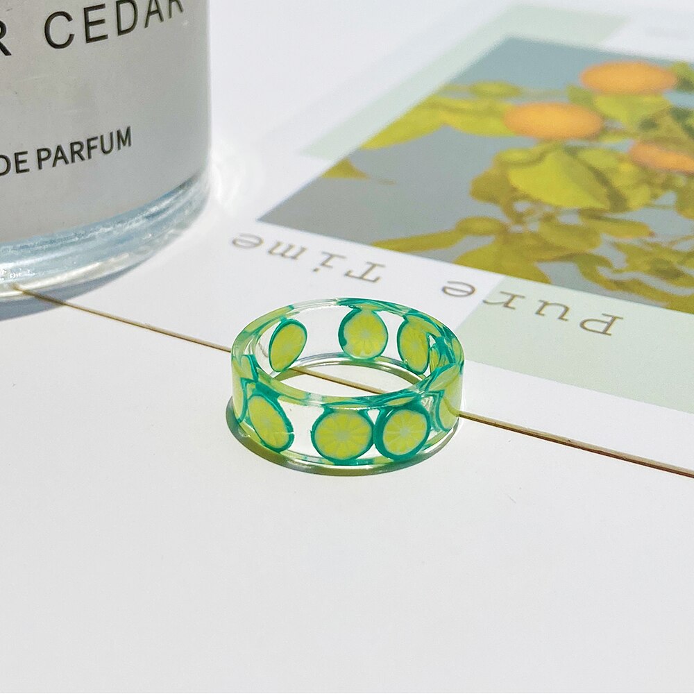 2021 Korea Colorful  Resin Fruit Ring Set Metal Geometric Irregular Open Rings for Women Party Wedding Jewelry Ring Set