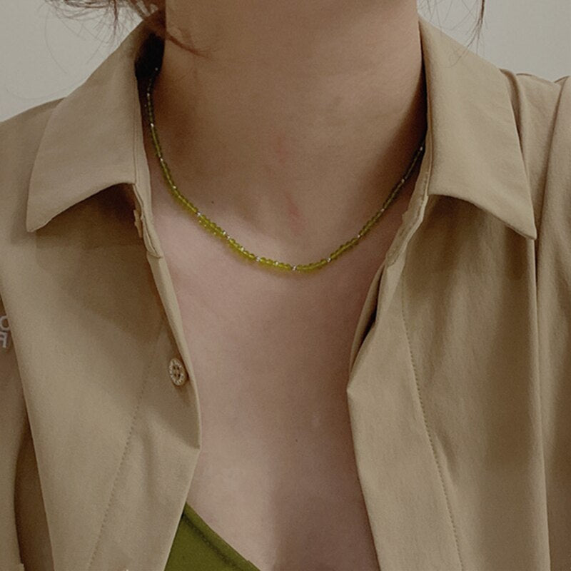 2021 Korea Green Beaded Gold Silver Color Beads Acrylic Necklace for Women Gils Trend Jewelry Gifts