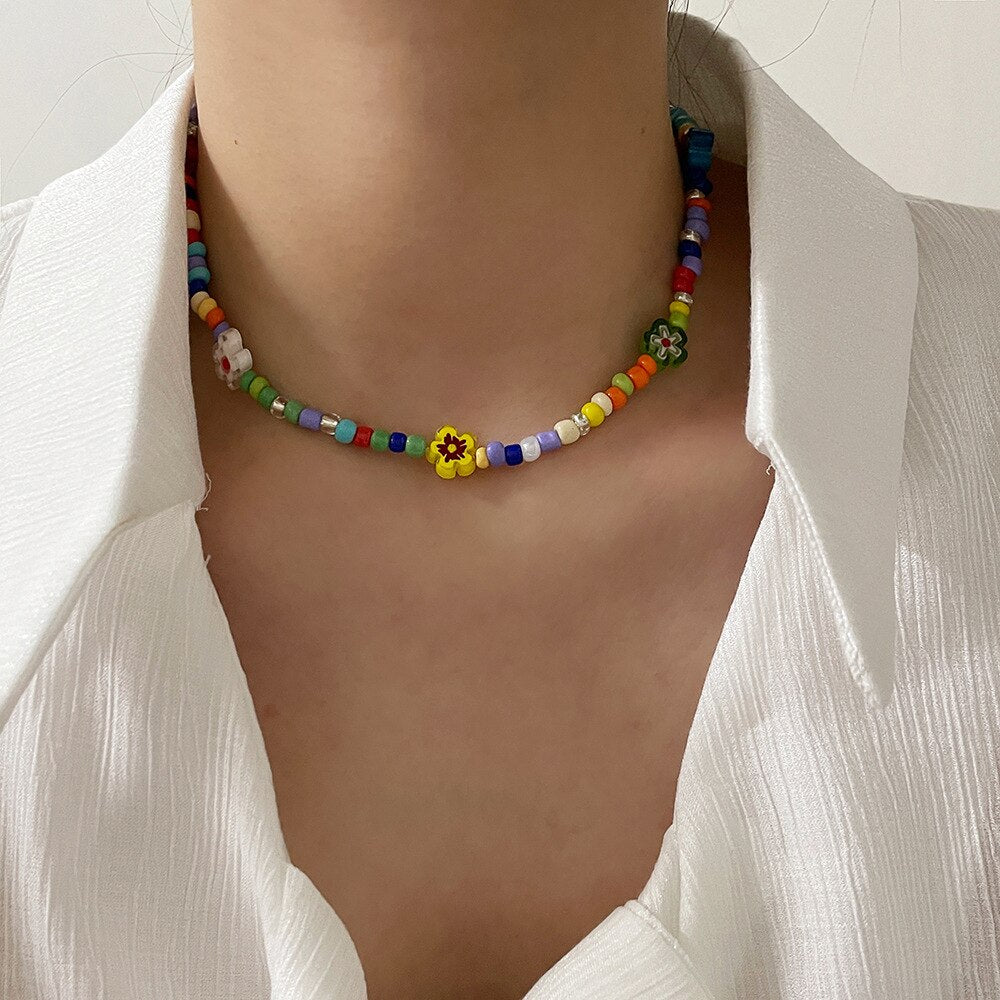 2021 Korea Colorful Acrylic Flower Handmade Beaded Necklace For Women Boho Accessories