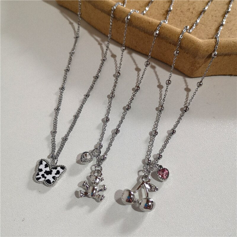 2022 Kpop Goth Bear Butterfly Cherry Zircon Pink Transparent Heart Pendant Chain Necklace For Women Egirl Party Y2k Jewelry Gift
