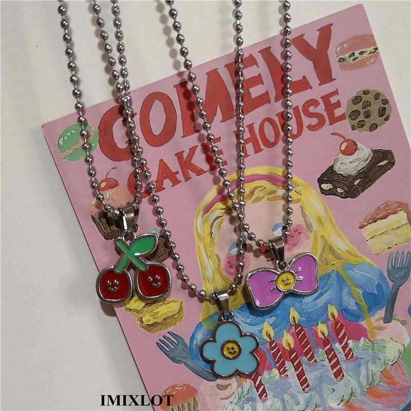 2022 Kpop Trend Round Bead Chain Cartoon Cherry Bowknot Butterfly Flower Pendant Necklace For Women Y2K Aesthetic Charm Jewelry