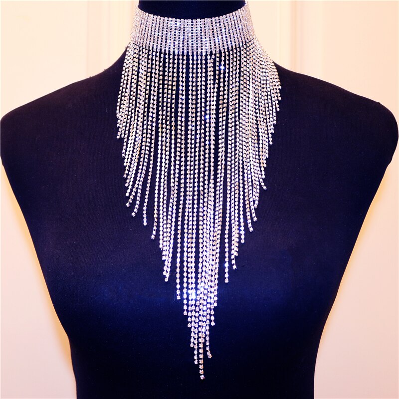 2021  Full Rhinestone Chain Tassel Choker Necklace Women Long Necklace Pendants Jewelry Boho Ethnic Indian Large Necklace