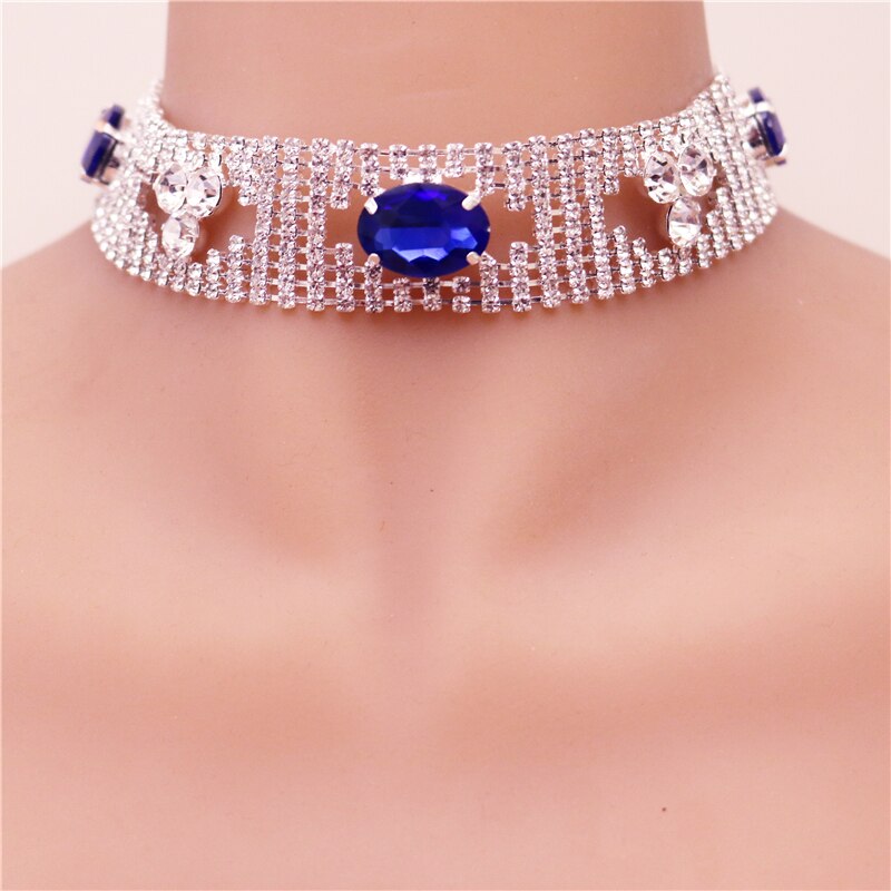 2021  Punk Blue Crystal Rhinestone Choker Collar Women Gold Silver Color Necklace Statement Wedding Chocker Jewelry Gift