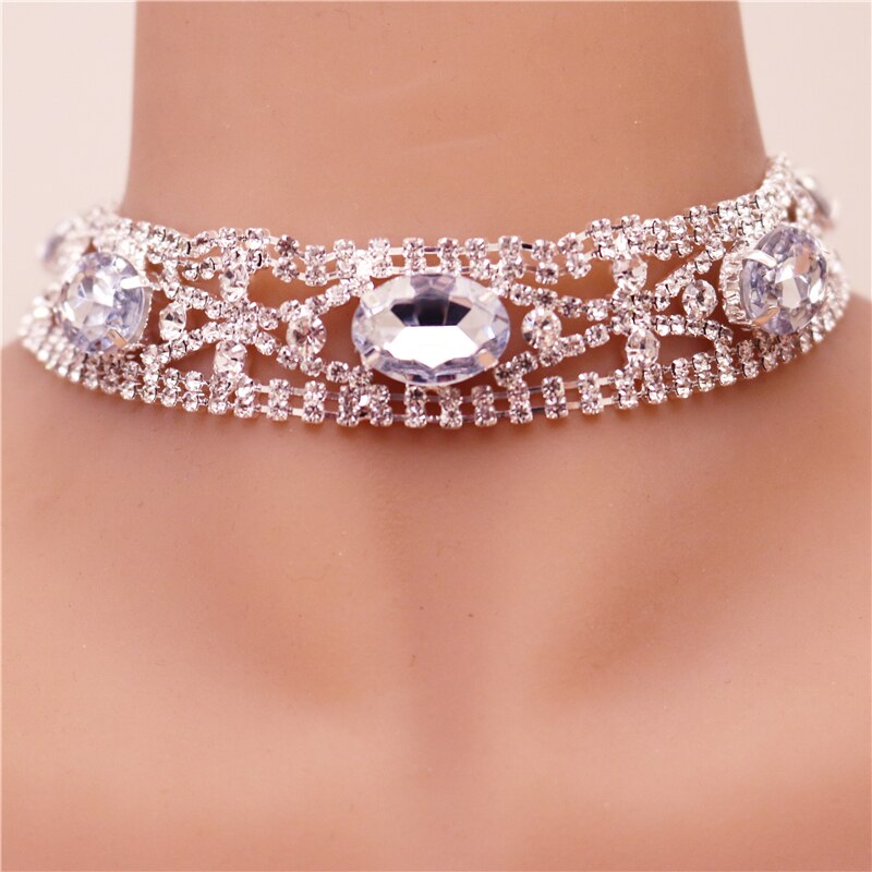 2021  Punk Blue Crystal Rhinestone Choker Collar Women Gold Silver Color Necklace Statement Wedding Chocker Jewelry Gift