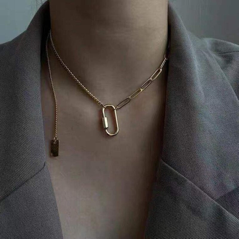 2021 Minimalist Paper Clip Necklace For Women Temperament Clavicle Chain Gold Plated Square Metal Choker Letter Jewelry
