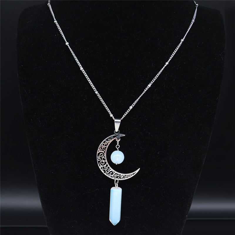 2022 Moon Stainless Steel Moonstone Stone Hexagonal Bullet Reiki Point Chakra Statement Necklace Women Jewelry collares N1130S04