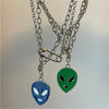 2021 Punk Hiphop Design Double Layer  Blue Green Glaze Alien Safety Pin Metal Necklace For Women Man Daily Jewelry Gifts