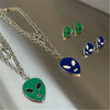 2021 Punk Hiphop Design Double Layer  Blue Green Glaze Alien Safety Pin Metal Necklace For Women Man Daily Jewelry Gifts