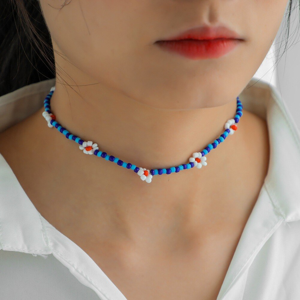 2021  Handmade Trendy Cute Colorful Glass Bead Floral Chocker Necklace Women's Jewelry Gift