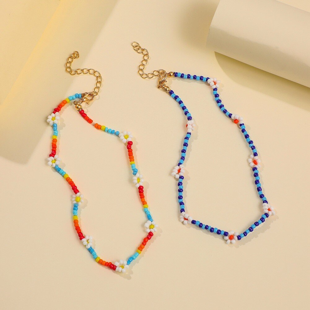 2021  Handmade Trendy Cute Colorful Glass Bead Floral Chocker Necklace Women's Jewelry Gift