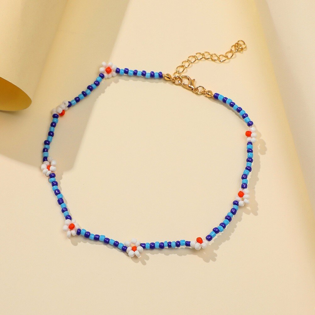 2021  Handmade Trendy Cute Colorful Glass Bead Floral Chocker Necklace Women's Jewelry Gift