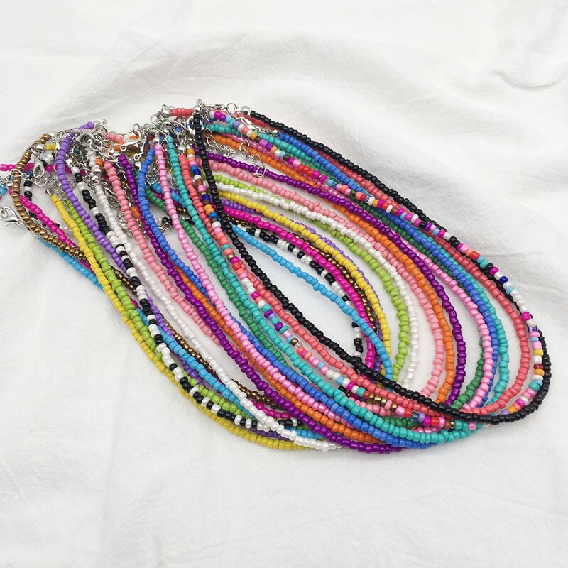 2022 Bohemian Rainbow Seed Beaded Chain Necklace For Women Pure Color Crystal Beads Beach Boho Choker Necklace Jewelry Gift