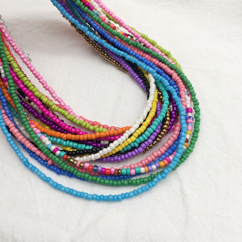 2022 Bohemian Rainbow Seed Beaded Chain Necklace For Women Pure Color Crystal Beads Beach Boho Choker Necklace Jewelry Gift