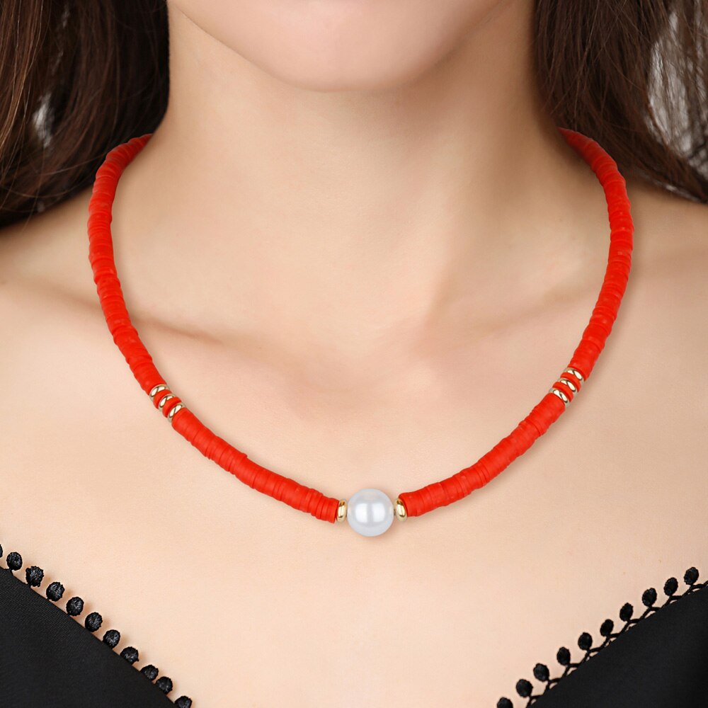 2021 Boho Simulated Pearl Necklace Colorful Soft Polymer Clay Beads Choker Necklace For Women Girl Beach Femme Jewelry Gift