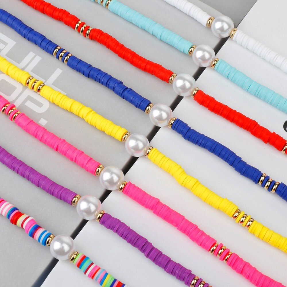 2021 Boho Simulated Pearl Necklace Colorful Soft Polymer Clay Beads Choker Necklace For Women Girl Beach Femme Jewelry Gift
