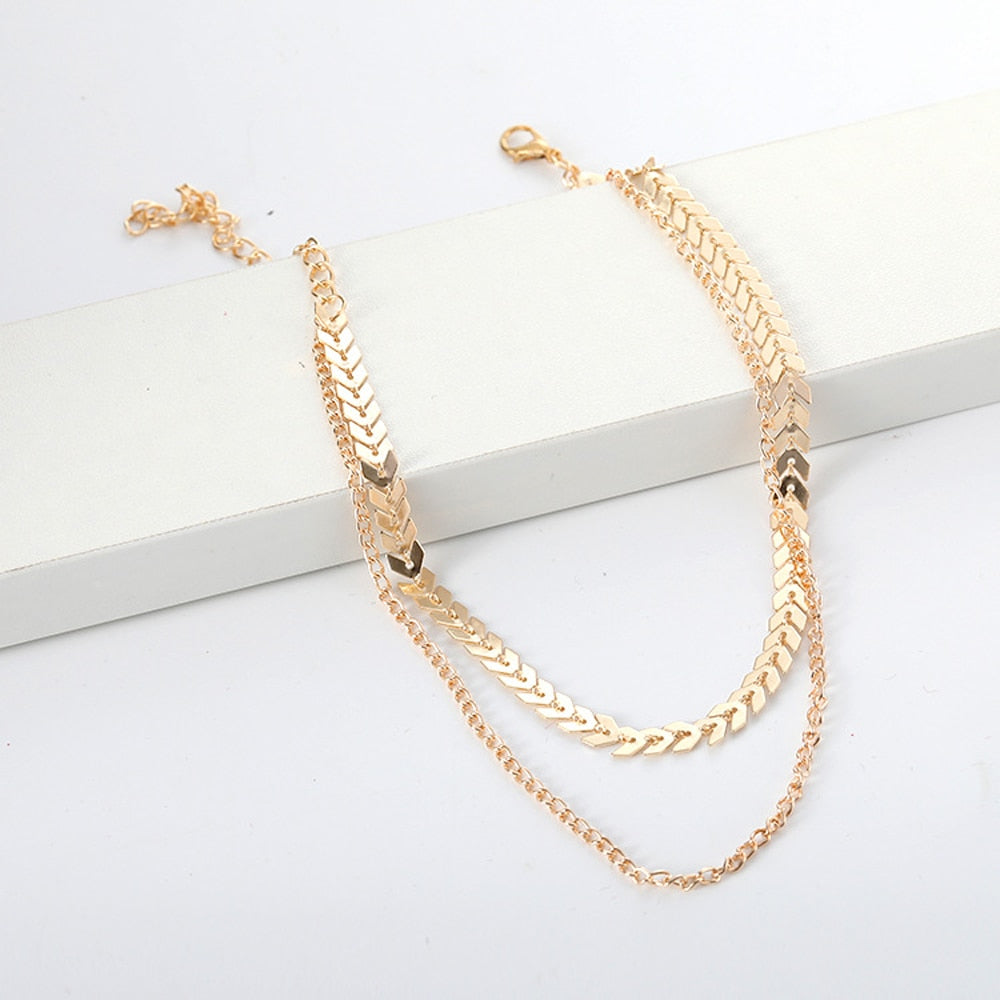 2021  Chain Choker Two Layers Necklaces Fishbone Airplane Shape Gold Color Necklace Flat Chain jewelry