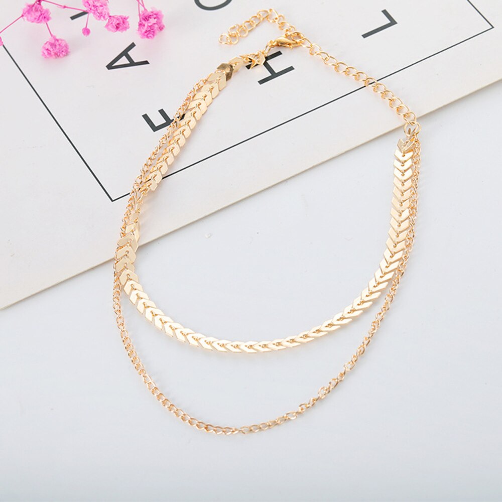 2021 Chain Choker Two Layers Necklaces Fishbone Airplane Shape Gold Color Necklace Flat Chain jewelry