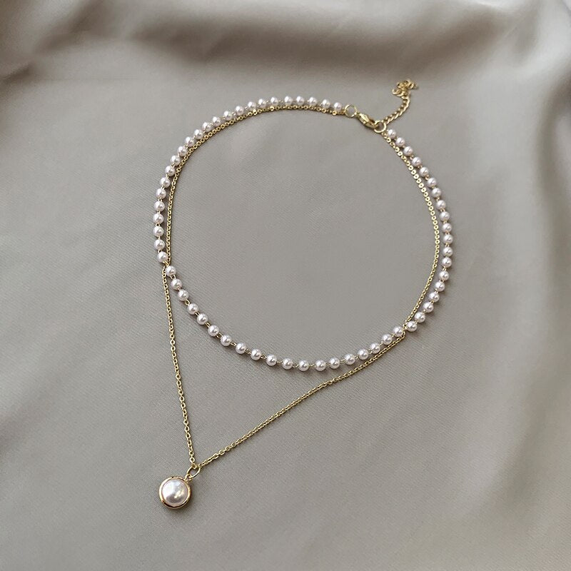 2022 Classic Pearl Double Layer Short Necklace For Woman Korean Jewelry Elegant Goth Girl's Sexy Clavicle Chain