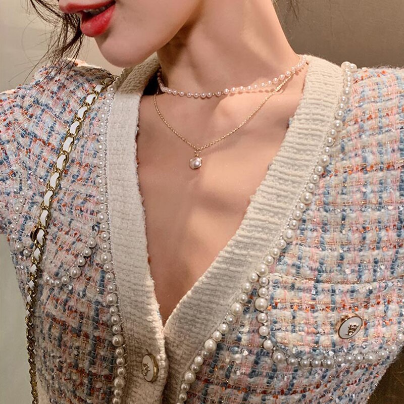 2022 Classic Pearl Double Layer Short Necklace For Woman Korean Jewelry Elegant Goth Girl's Sexy Clavicle Chain