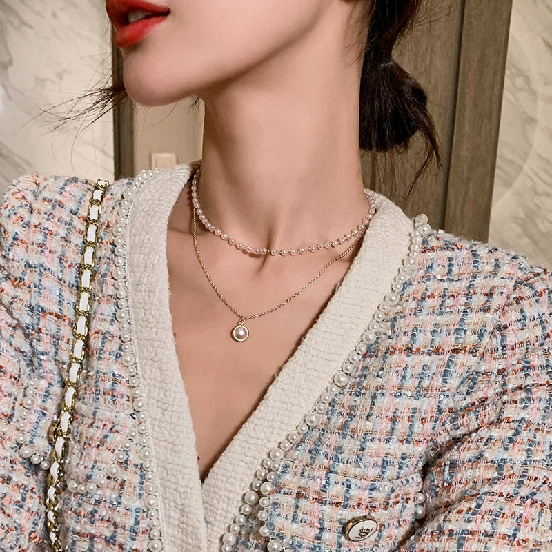 2022 Classic Pearl Double Layer Short Necklace For Woman Korean Jewelry Elegant Goth Girl's Sexy Clavicle Chain