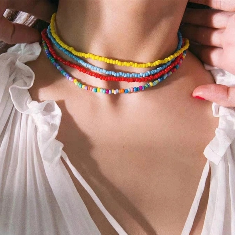 2021  Colorful Daisy Flowers Beaded Necklace Charm Statement Short Choker Necklace for Women Korea Summer Vacation Jewelry