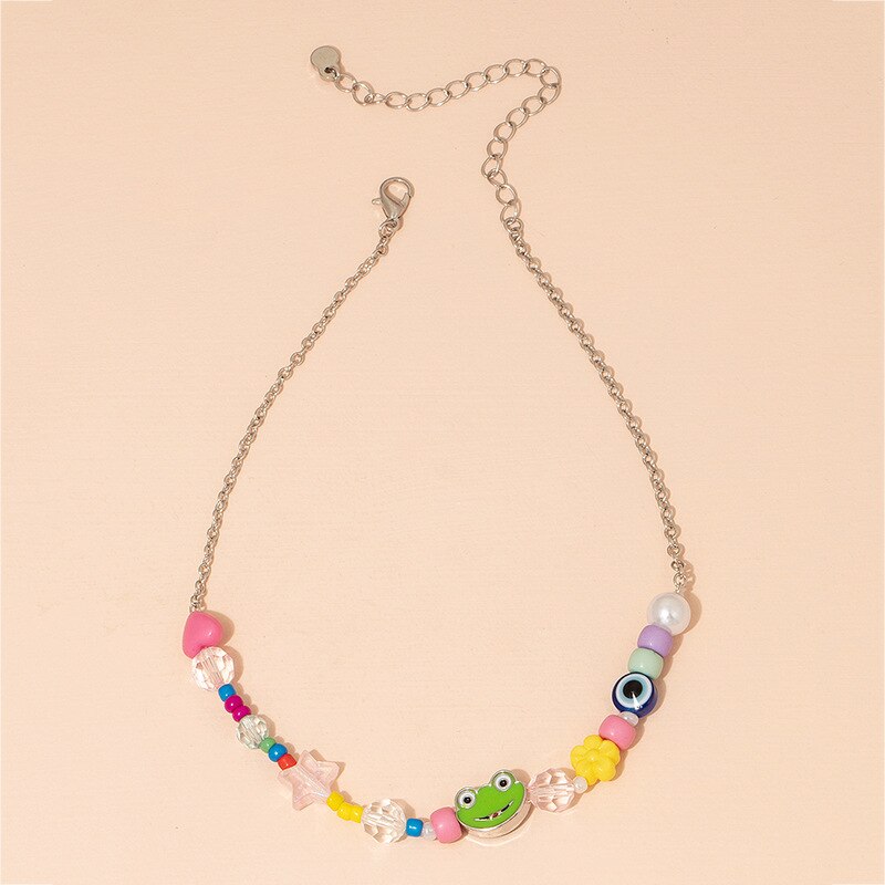 2021 Cute Heart Star Colorful Clavicle Chain Necklace For Women Girls Transparent Beaded Jewelry