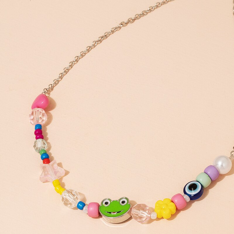 2021 Cute Heart Star Colorful Clavicle Chain Necklace For Women Girls Transparent Beaded Jewelry
